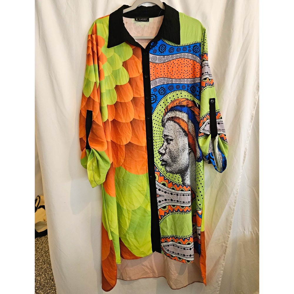 LAGEZ Womens Size 2 Shirt Dress African Inspired Rhinestone Colorful Hi Low